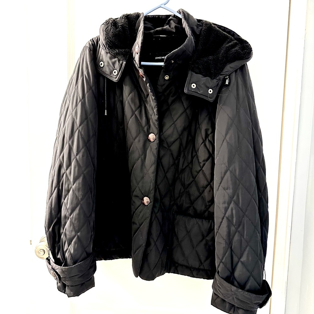 Vintage Jones of New York Woman's Black Quilted Jacket Removable Hood XLarge